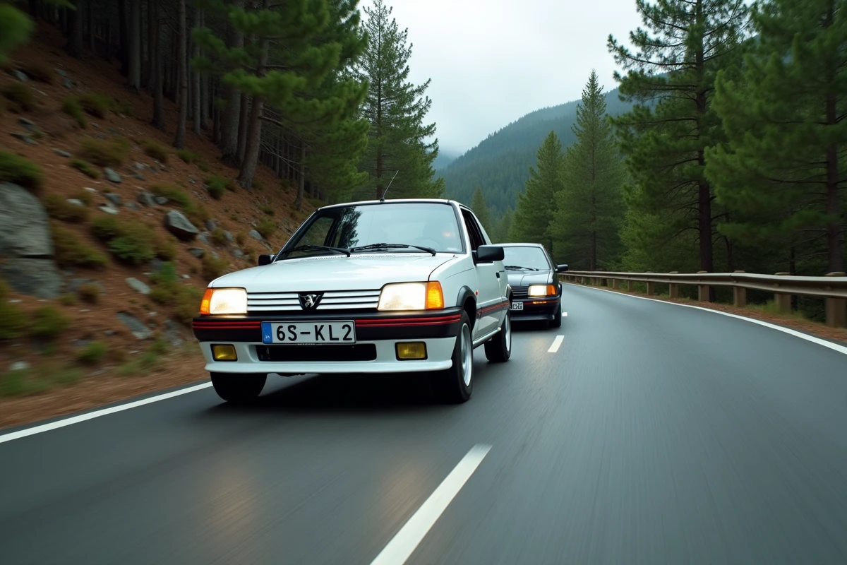Peugeot 205 GTI blanche et GTI 2026 en conduite dynamique sur une route sinueuse de montagne entourée de forêt