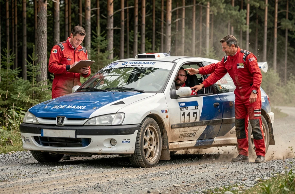 Peugeot 306 Maxi préparée pour le rallye sur une spéciale en gravier avec pilote et copilote consultant les notes de route
