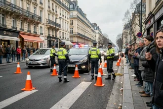 Policiers en gilets jaunes gérant la circulation après un accident à Rennes, cônes orange et barrières au sol, badauds sur le trottoir