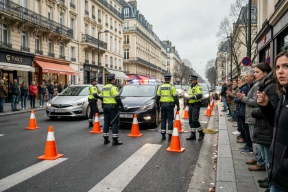 Policiers en gilets jaunes gérant la circulation après un accident à Rennes, cônes orange et barrières au sol, badauds sur le trottoir