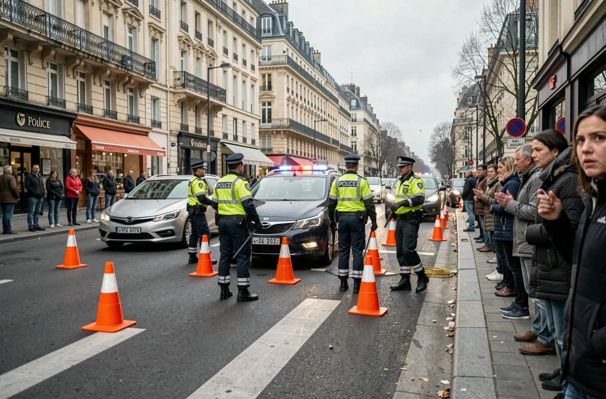 Policiers en gilets jaunes gérant la circulation après un accident à Rennes, cônes orange et barrières au sol, badauds sur le trottoir