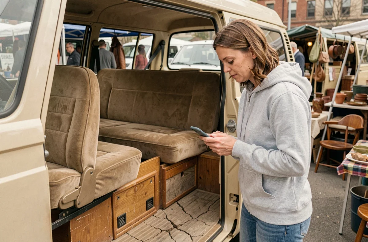 Femme examinant l'intérieur d'un Volkswagen T3 camping-car d'occasion lors d'un marché aux puces, vérification de l'état des sièges et des boiseries
