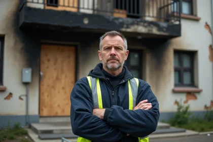 Agent de gardiennage en uniforme devant un bâtiment sinistré après incendie, surveillance post-sinistre pour assurance
