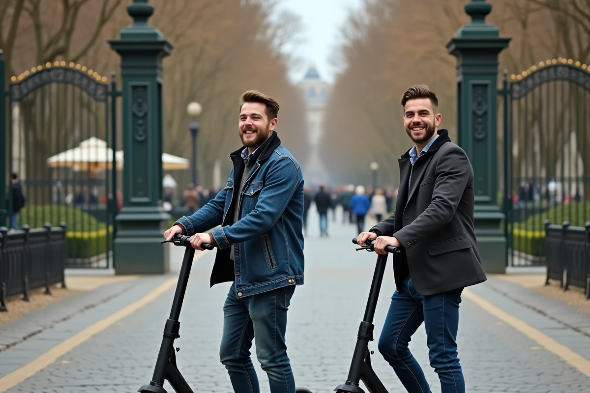 Deux jeunes hommes riant avec scooters à Paris