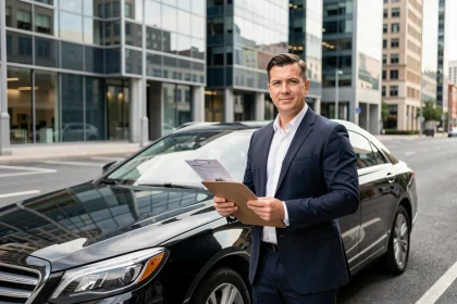Chauffeur VTC professionnel en costume sombre debout près de sa berline noire avec des documents d'assurance, en contexte urbain