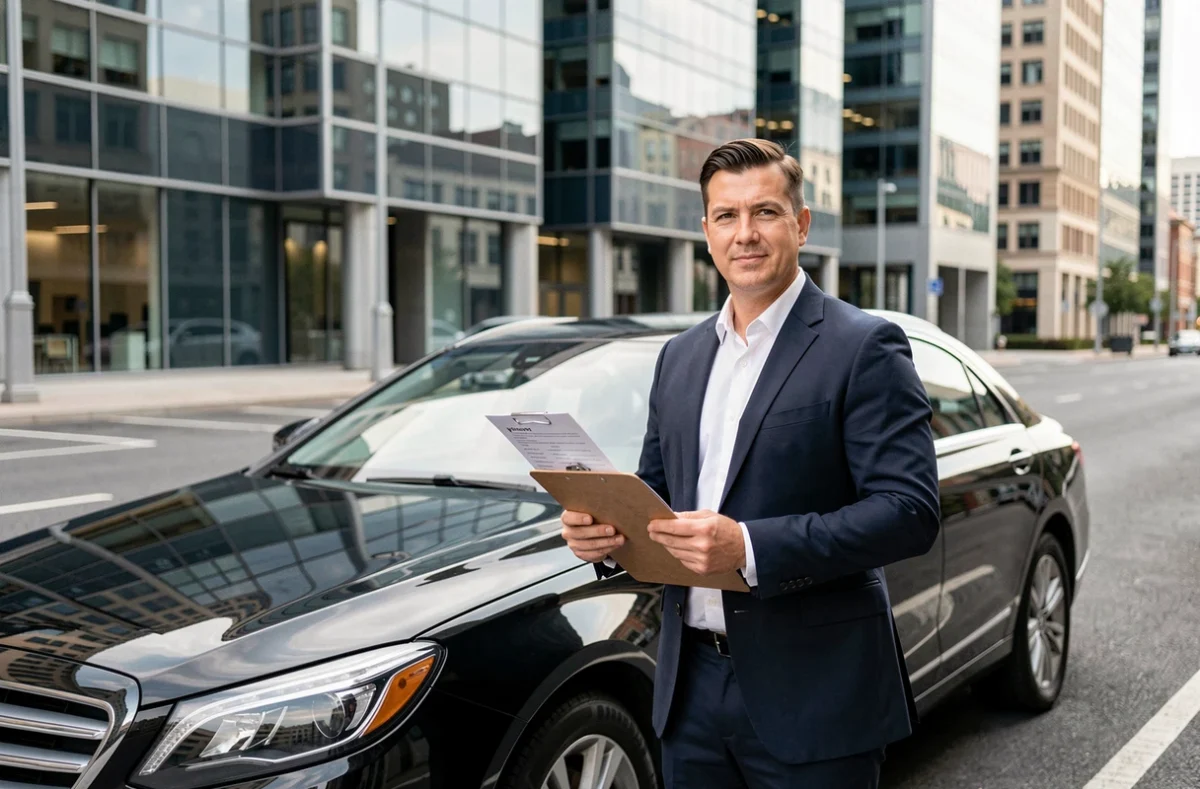 Chauffeur VTC professionnel en costume sombre debout près de sa berline noire avec des documents d'assurance, en contexte urbain