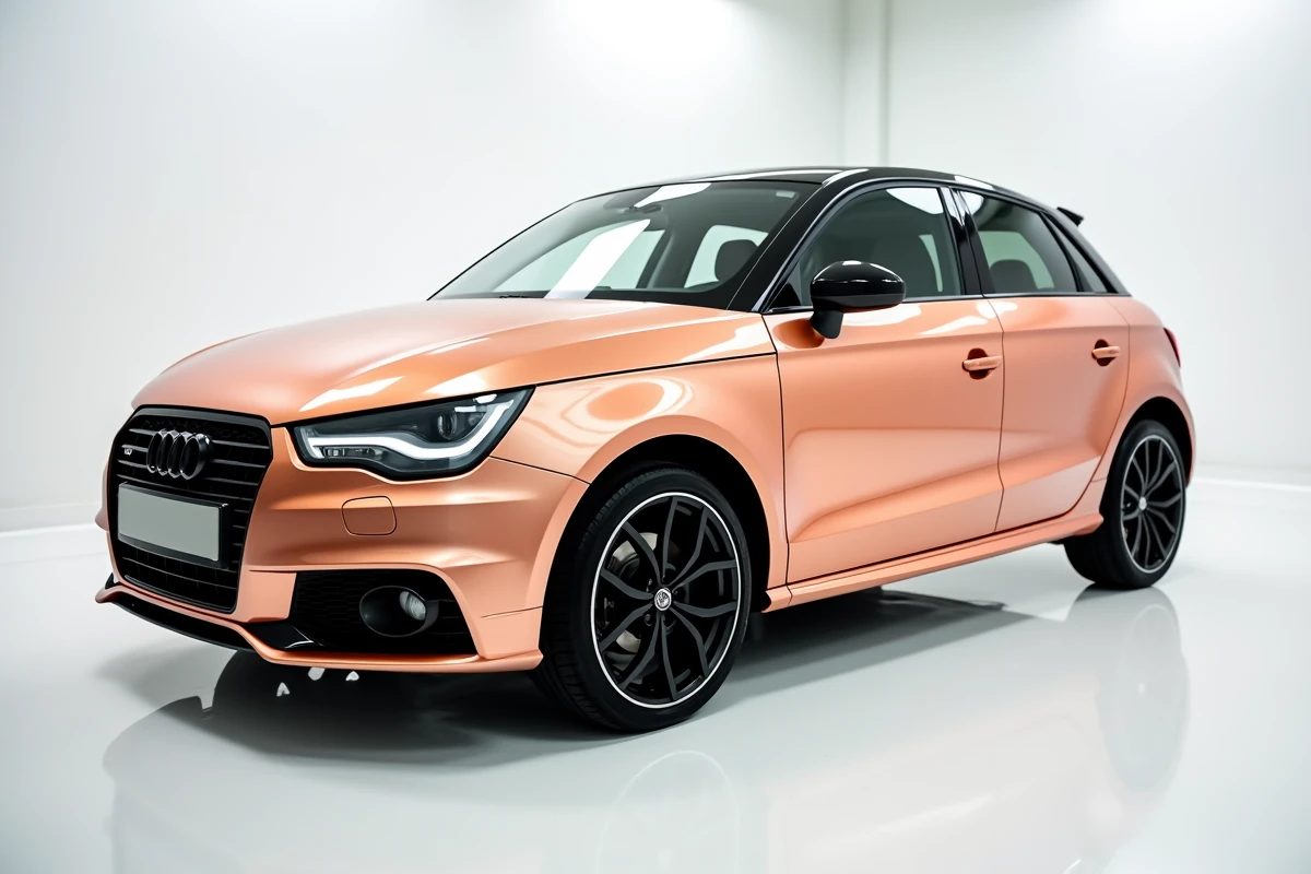 Audi A1 avec covering chrome rose gold en atelier de préparation automobile, vue profil complète