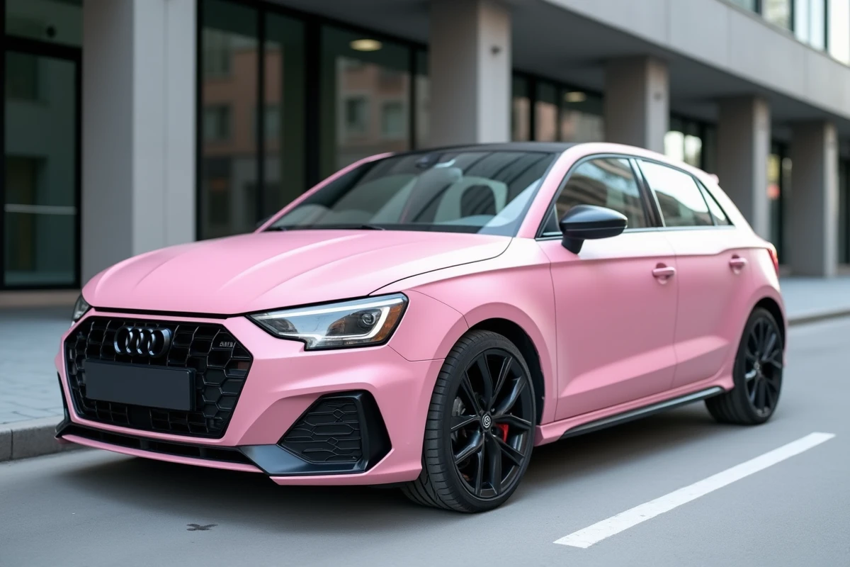 Audi A1 rose en covering satin garé en milieu urbain, vue 3/4 avant mettant en valeur les lignes de carrosserie