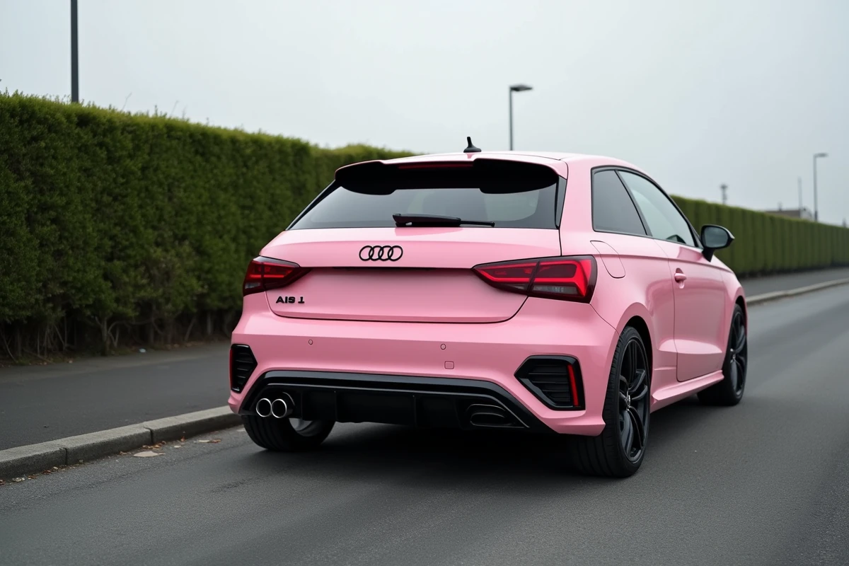 Audi A1 rose covering satin vue de 3/4 arrière en extérieur avec décor végétal et ciel neutre