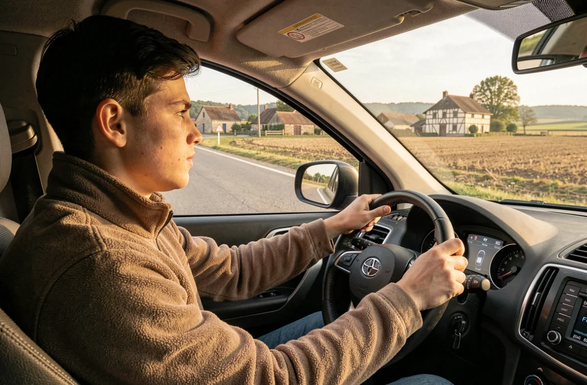 Un élève de l'auto-école de Louhans conduisant sur une route de la Bresse bourguignonne entouré de paysages agricoles typiques