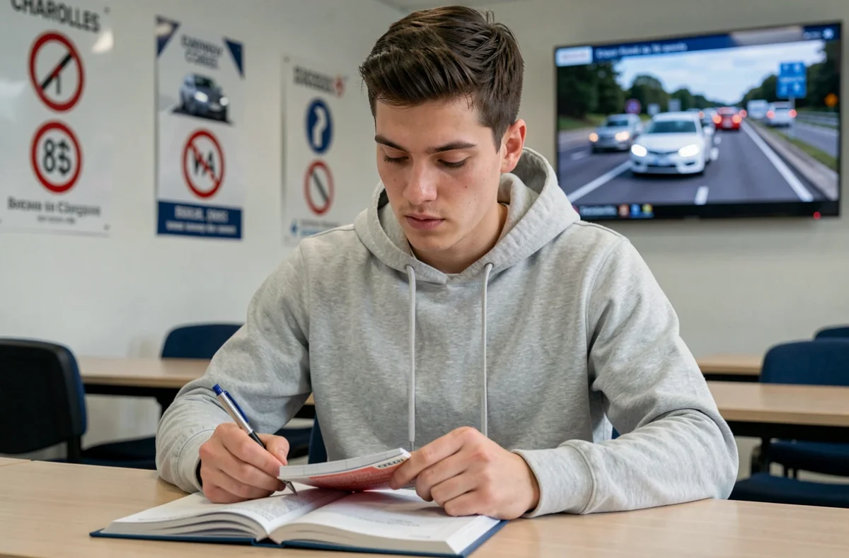 Un jeune candidat au permis de conduire révisant le code de la route dans la salle de cours de l'auto-école Défi Permis à Charolles