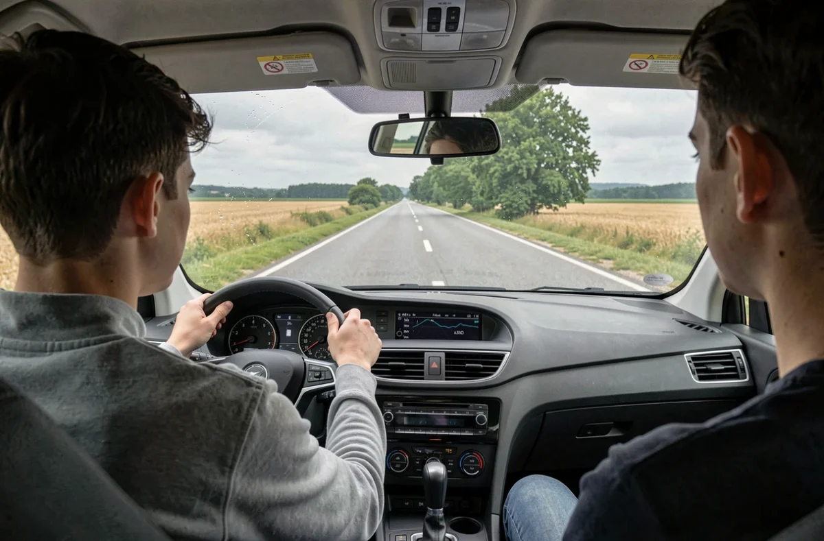 Un jeune élève conduisant sur une route rurale proche de Gueugnon sous la supervision de son moniteur de l'auto-école Drive+