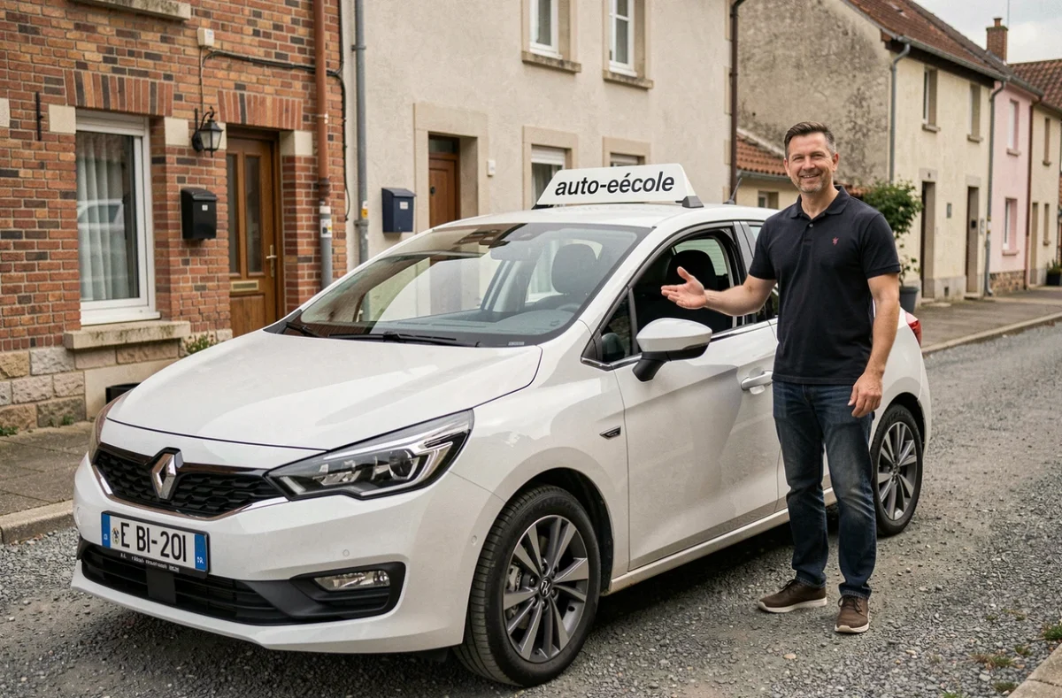 Moniteur de l'auto-école du Pilon au Breuil posant à côté d'une voiture d'enseignement dans une rue calme du bourg
