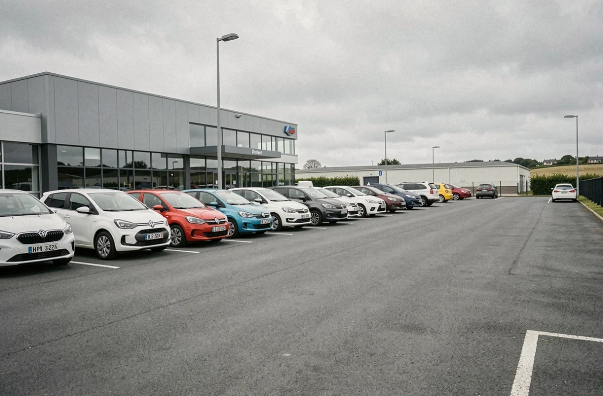 Parking de l'agence Auto Expo à Lorient Lanester avec une flotte de véhicules de location alignés