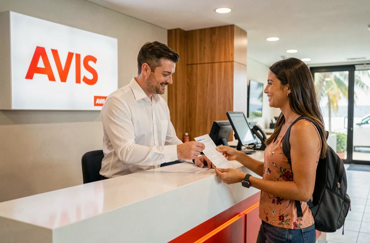 Agent Avis aidant une cliente au comptoir de l'agence Avis Belle-Île sur l'île