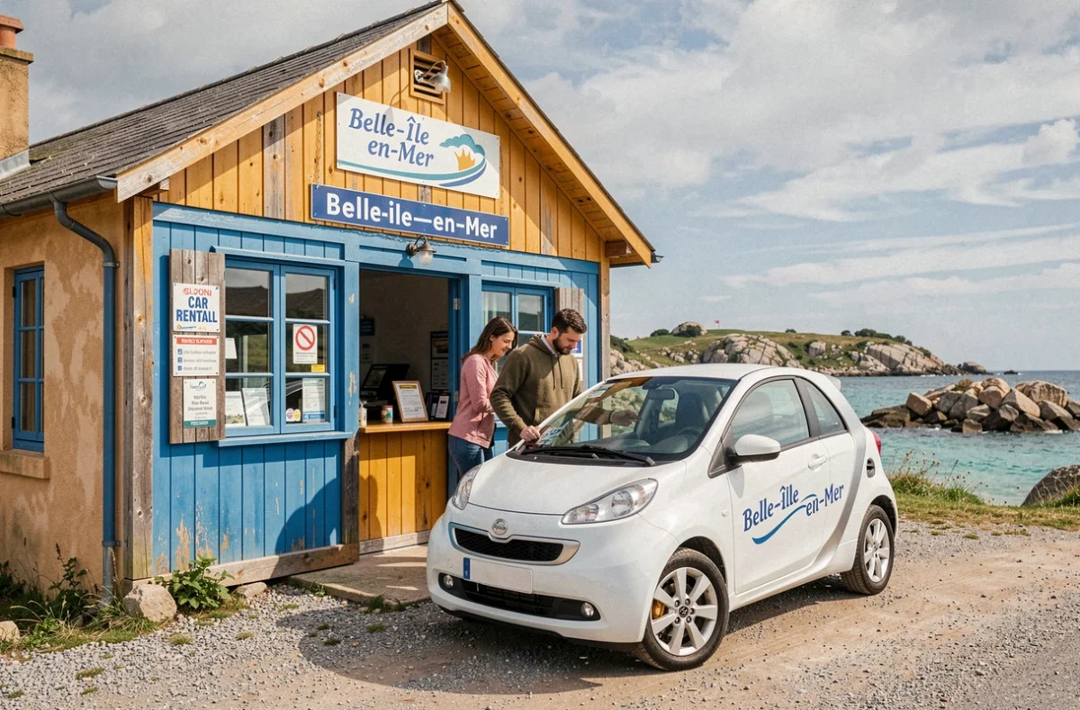 Couple récupérant une voiture de location à Belle Île Autos sur l'île de Belle-Île-en-Mer