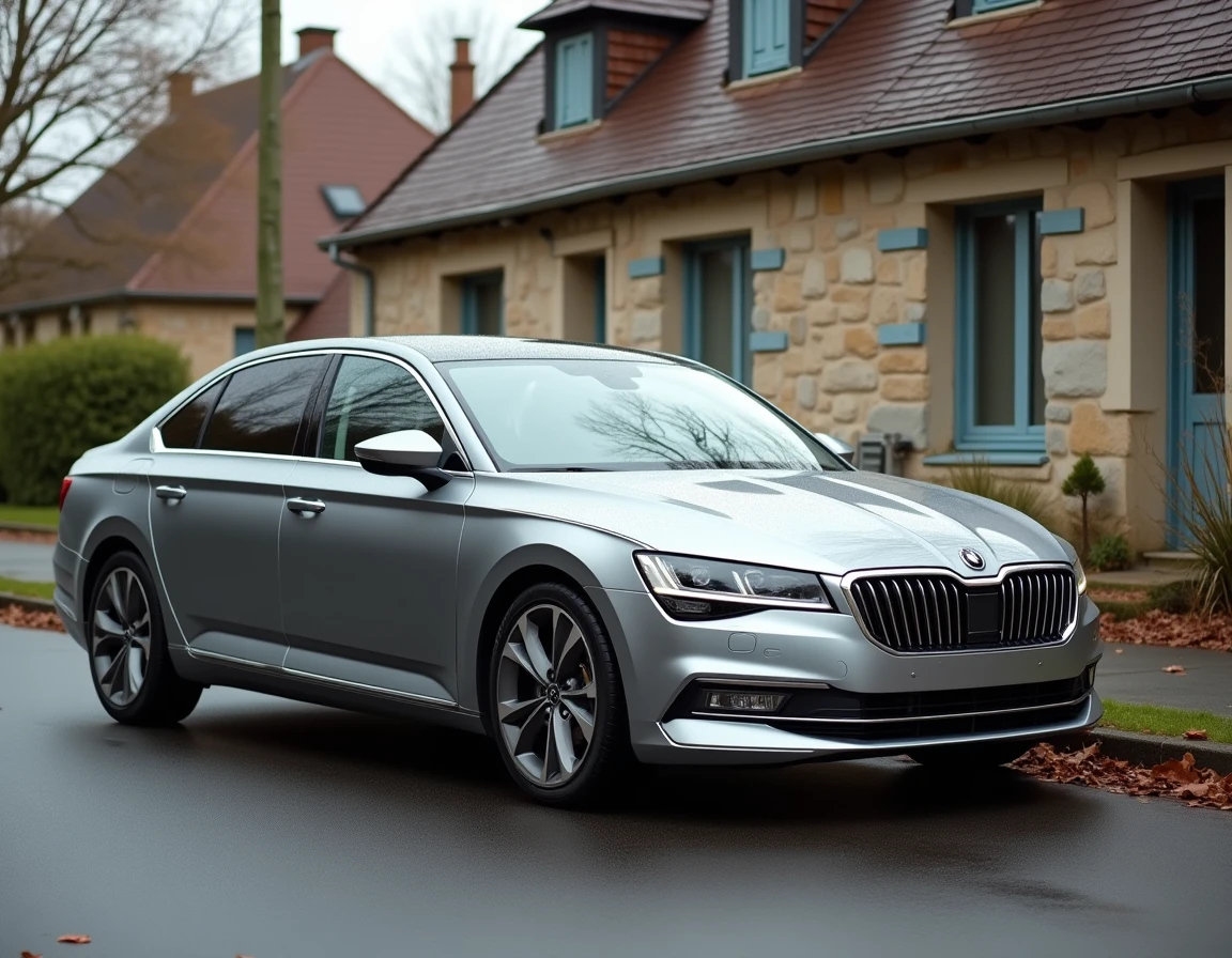 Berline européenne moderne garée devant une maison française, illustrant l'assurance auto selon la puissance fiscale