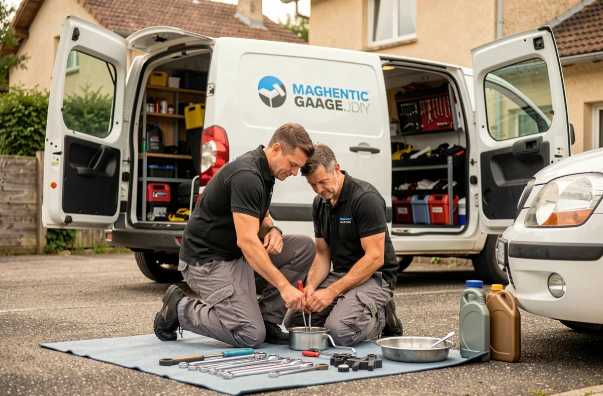 Mécanicien mobile de Best'Oil effectuant une vidange à domicile dans une allée résidentielle de la Drôme