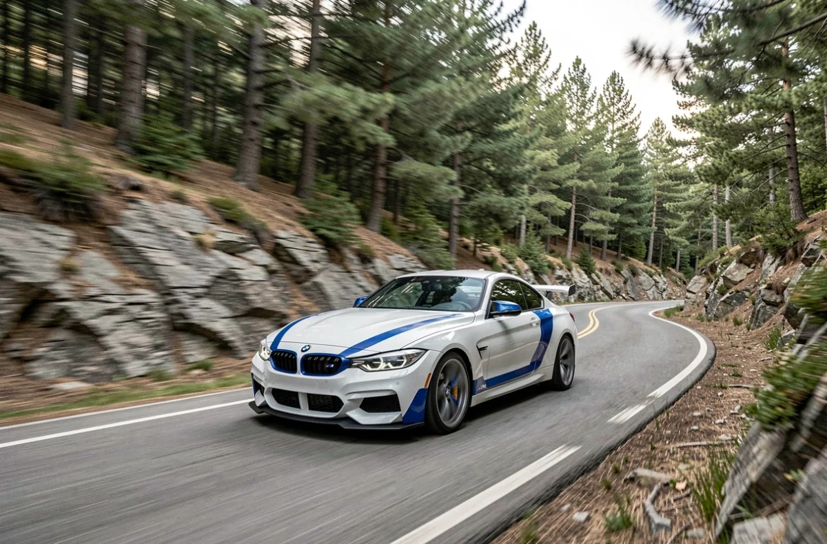 BMW CSL en mouvement sur une route de montagne sinueuse, effet de filé panoramique avec forêt floue en arrière-plan