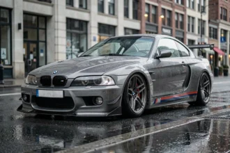 BMW CSL garée dans une rue urbaine mouillée, vue trois quarts avant avec carrosserie en fibre de carbone et reflets sur l'asphalte