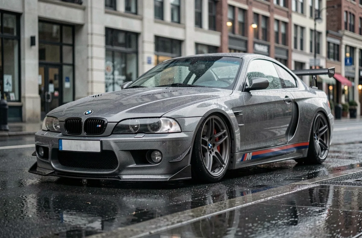 BMW CSL garée dans une rue urbaine mouillée, vue trois quarts avant avec carrosserie en fibre de carbone et reflets sur l'asphalte