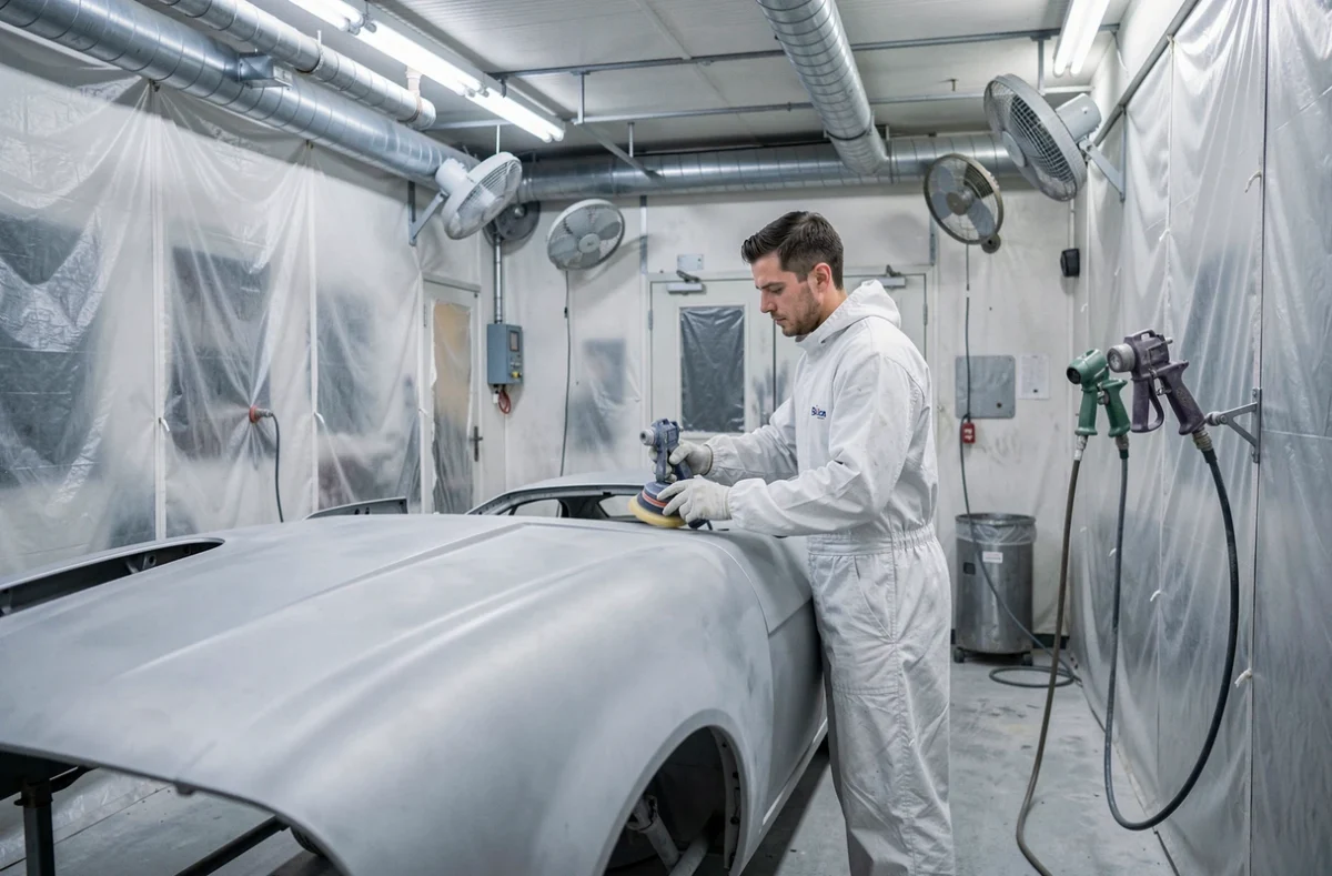 Carrossier de Breizh Carrosserie ponçant une carrosserie en atelier de peinture