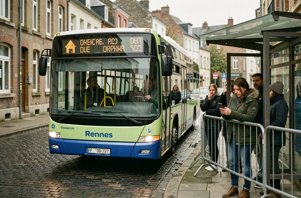 Bus de la ville de Rennes arrêté sur un itinéraire dévié, passagers debout près d'une barrière temporaire, femme consultant son téléphone