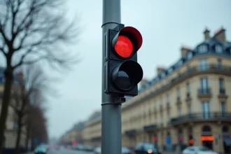 Feux tricolores en ville avec caméra de contrôle radar feu rouge visible sur le poteau, intersection urbaine française