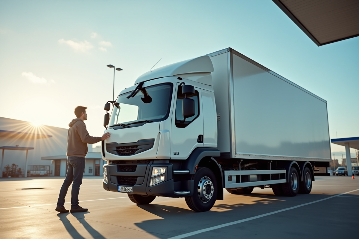 Homme devant un camion plateau leger au station service