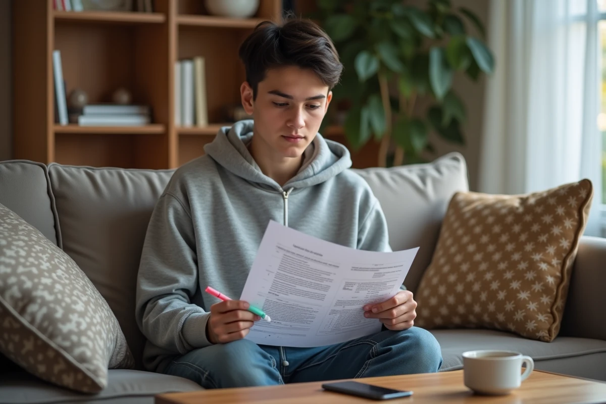 Candidat au permis de conduire étudiant la grille d'évaluation chez lui avec un surligneur