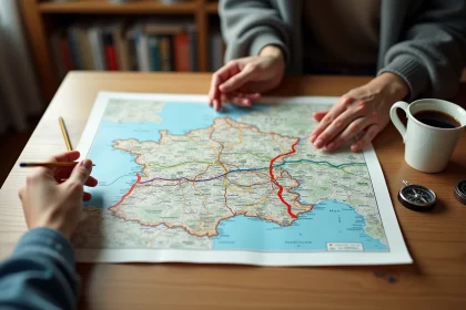 Carte simplifiée du réseau autoroutier français étalée sur une table en bois avec des mains qui la parcourent