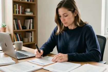 Femme consultant les documents pour un changement d'adresse de carte grise chez Norauto
