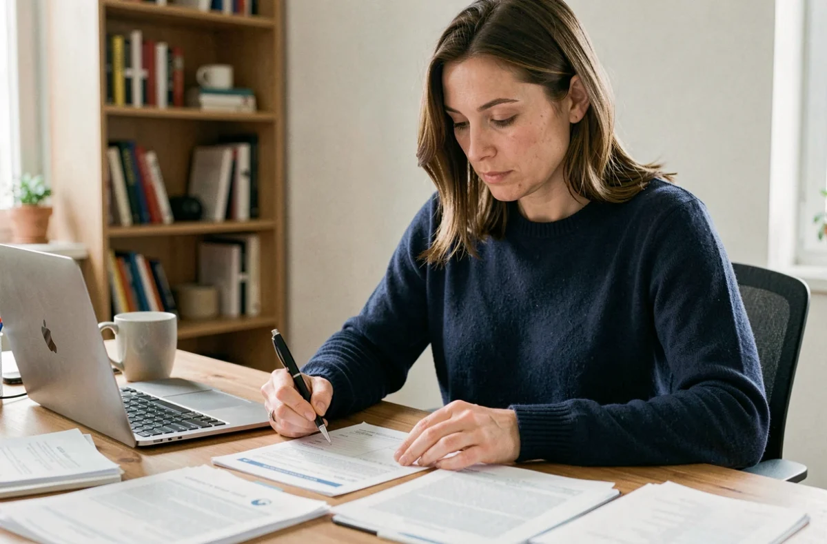 Femme consultant les documents pour un changement d'adresse de carte grise chez Norauto