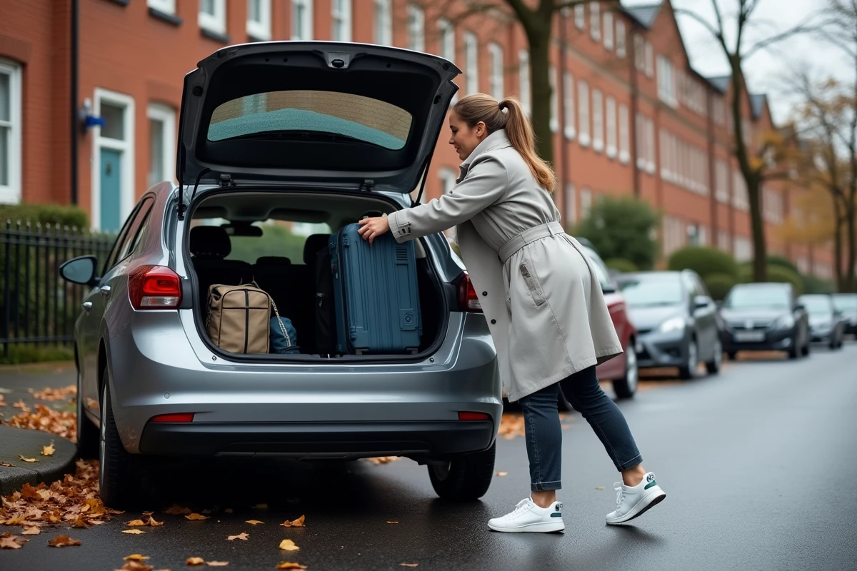 Femme chargeant une valise dans le grand coffre d'une berline compacte 2026, rue résidentielle en automne