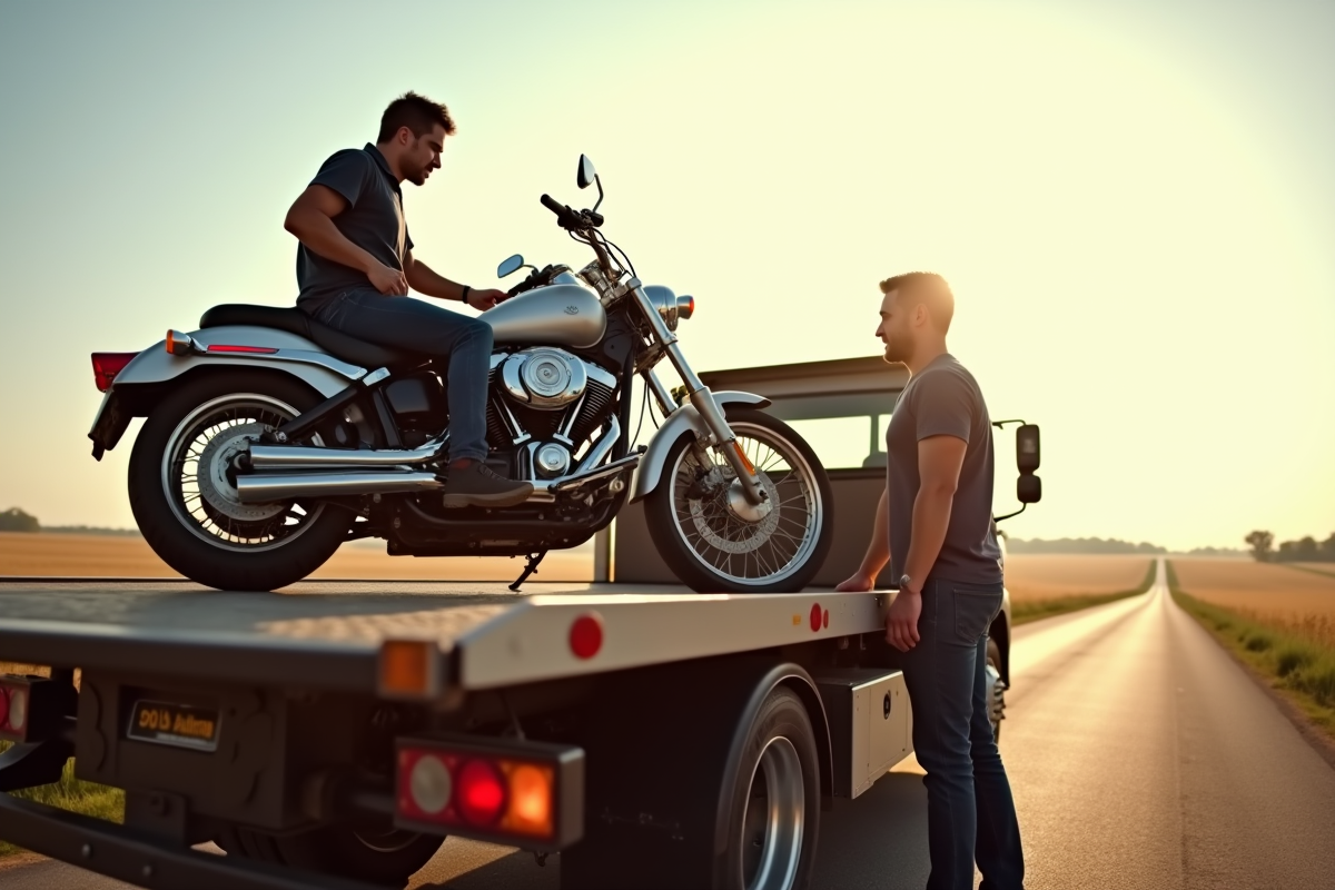 Deux personnes chargeant une moto sur un camion de dépannage en campagne