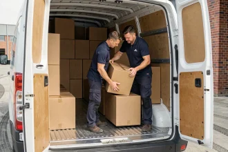 Livreur chargeant méthodiquement des cartons dans un Renault Master 11m3 pour optimiser l'espace de chargement