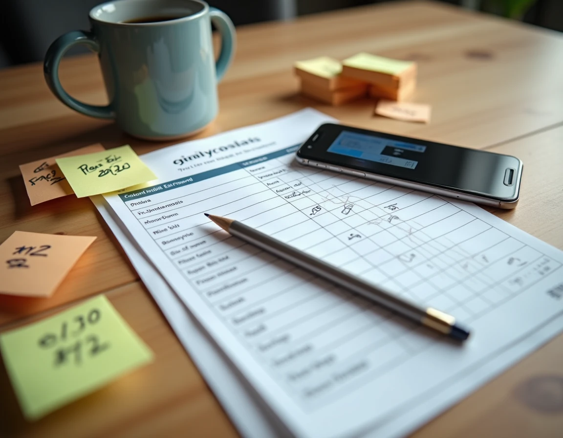 Vue aérienne d'un bureau avec checklist de comparaison de voitures annotée, notes manuscrites et application automobile sur smartphone