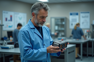 Chercheur en laboratoire examinant une pile à hydrogène