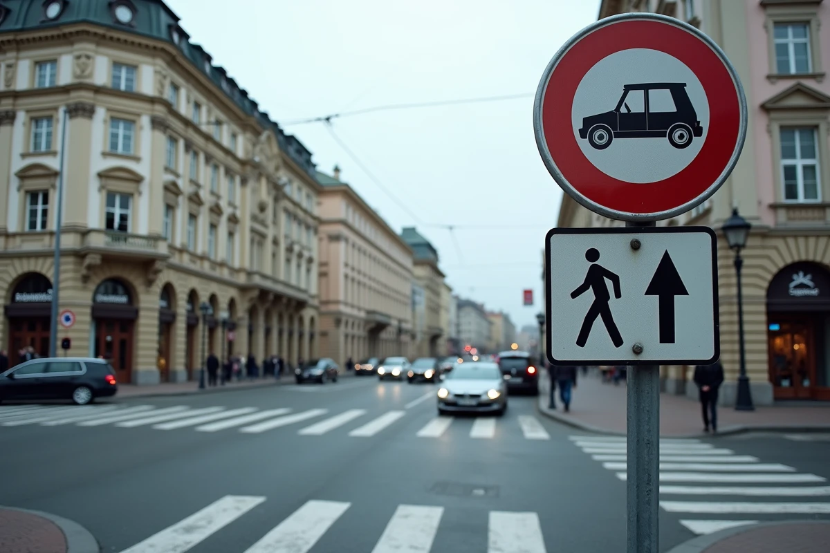 Sc&egrave;ne de circulation urbaine &agrave; Riga avec panneaux routiers lettons et plaques d'immatriculation LV visibles dans la rue