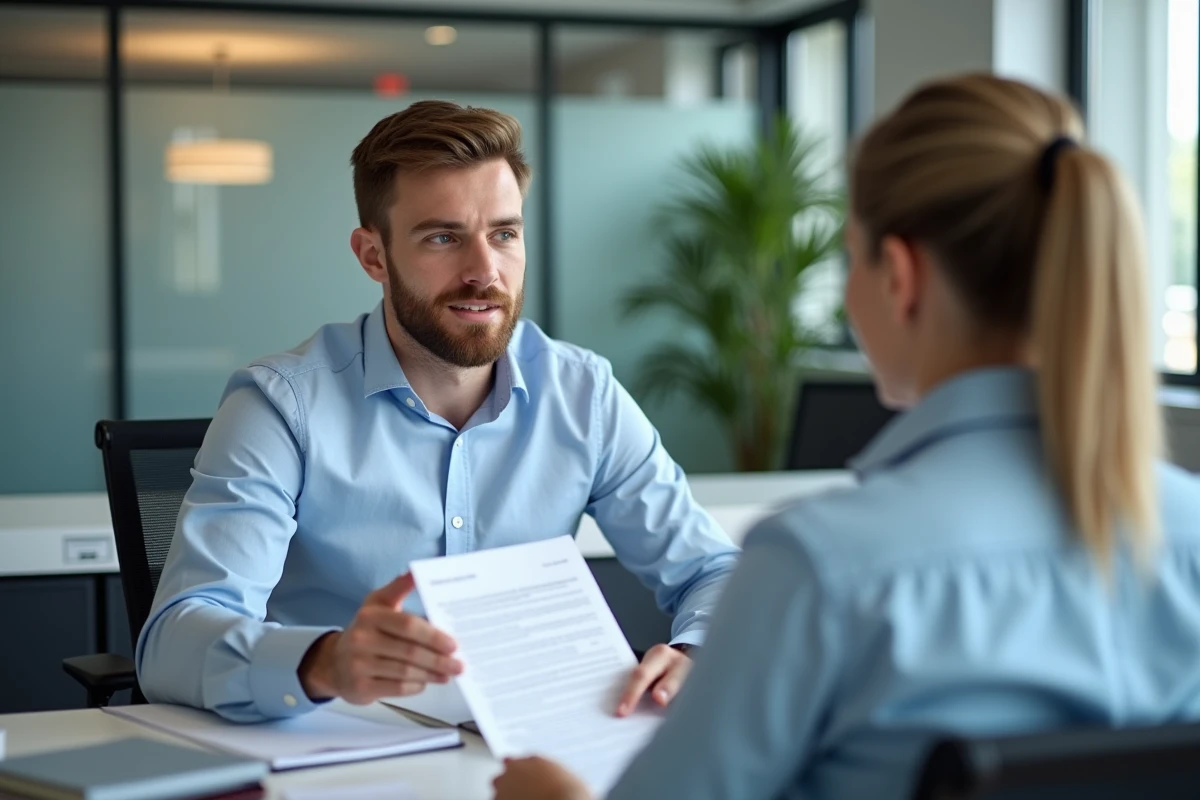 Client discutant d'une indemnisation insuffisante avec un conseiller dans une agence d'assurance