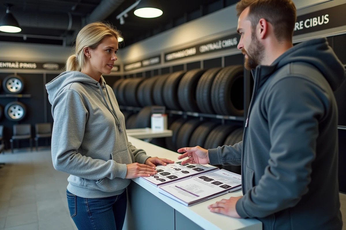 Cliente en discussion avec un conseiller Centrale Pneus devant un catalogue de pneus en magasin
