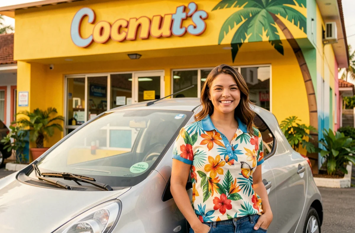 Agente de Coconut's Location devant l'agence colorée avec un véhicule de location compact