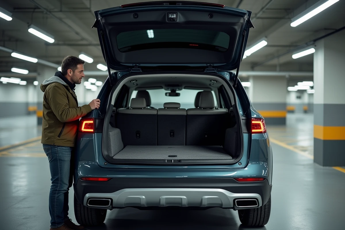 Coffre d'un SUV 2026 ouvert dans un parking souterrain, homme examinant le volume de chargement modulable