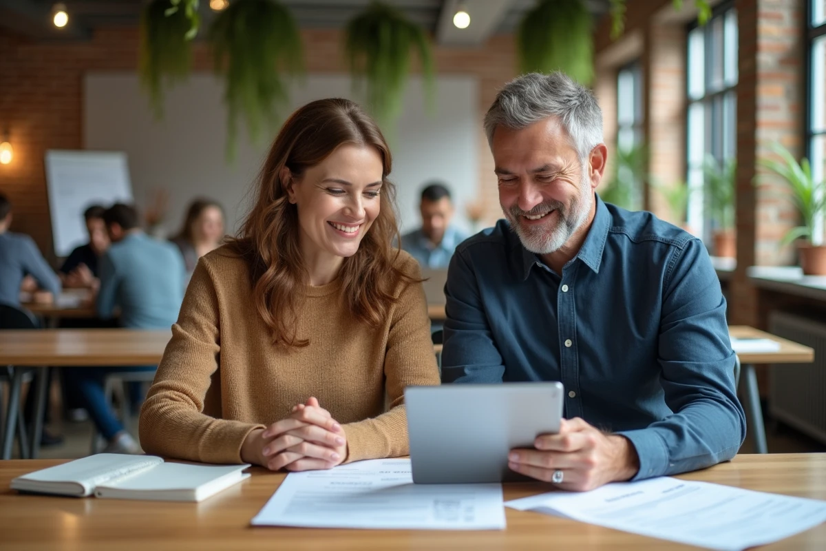 Deux professionnels collaborant sur des démarches de permis administratif dans un espace de coworking
