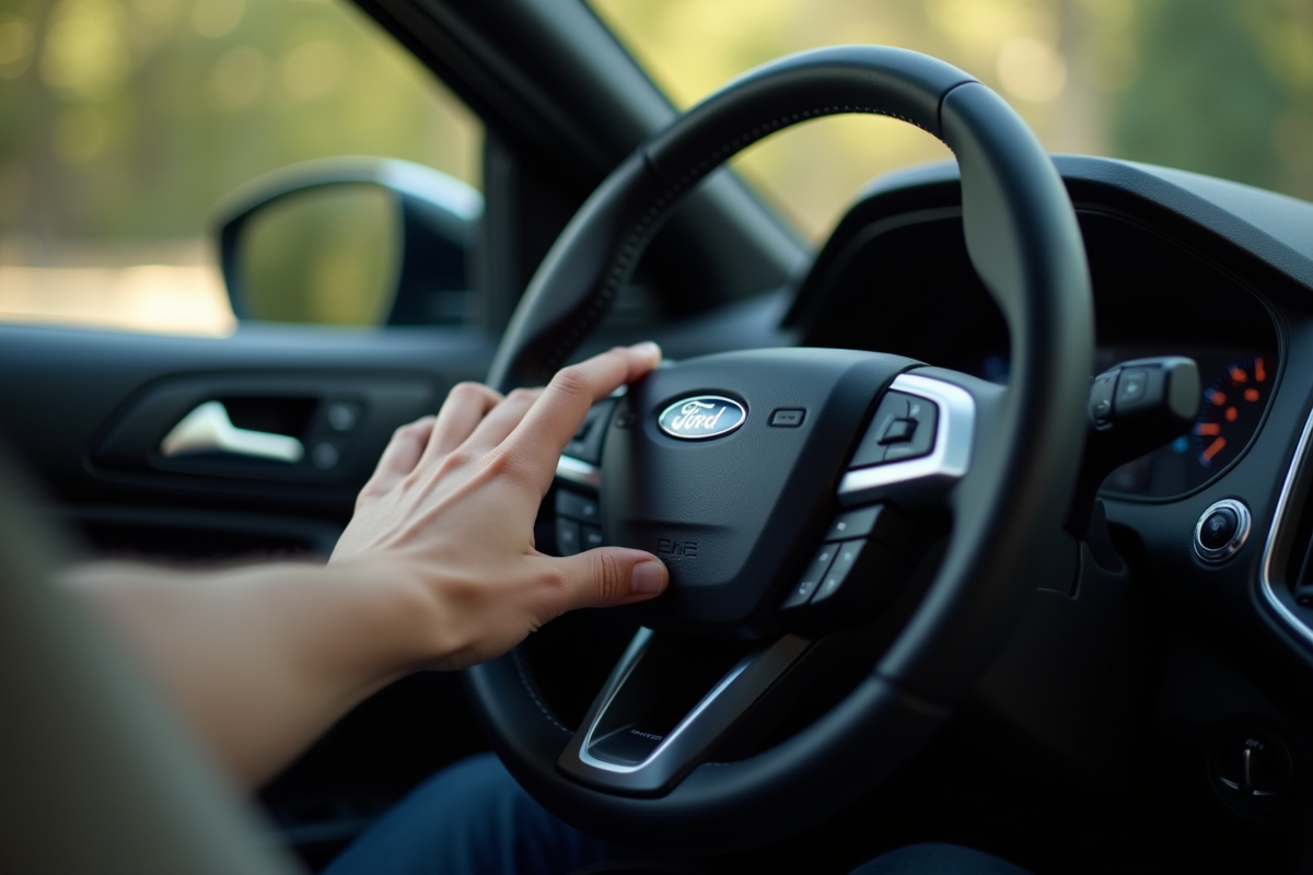 Main appuyant sur le bouton navigation dans une voiture Ford