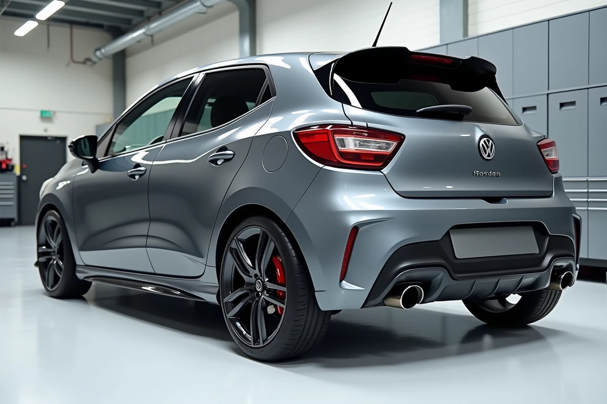 Compacte sportive gris nardo brillant en atelier automobile, étriers de frein rouges visibles à travers des jantes sombres, angle arrière trois quarts surélevé