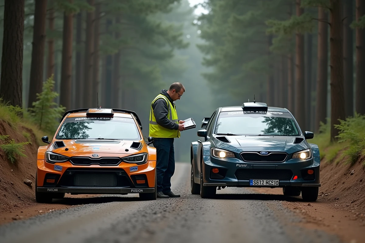Comparaison de deux voitures de rallye terre occasion à différents niveaux de préparation lors d'une inspection technique sur piste forestière en gravier