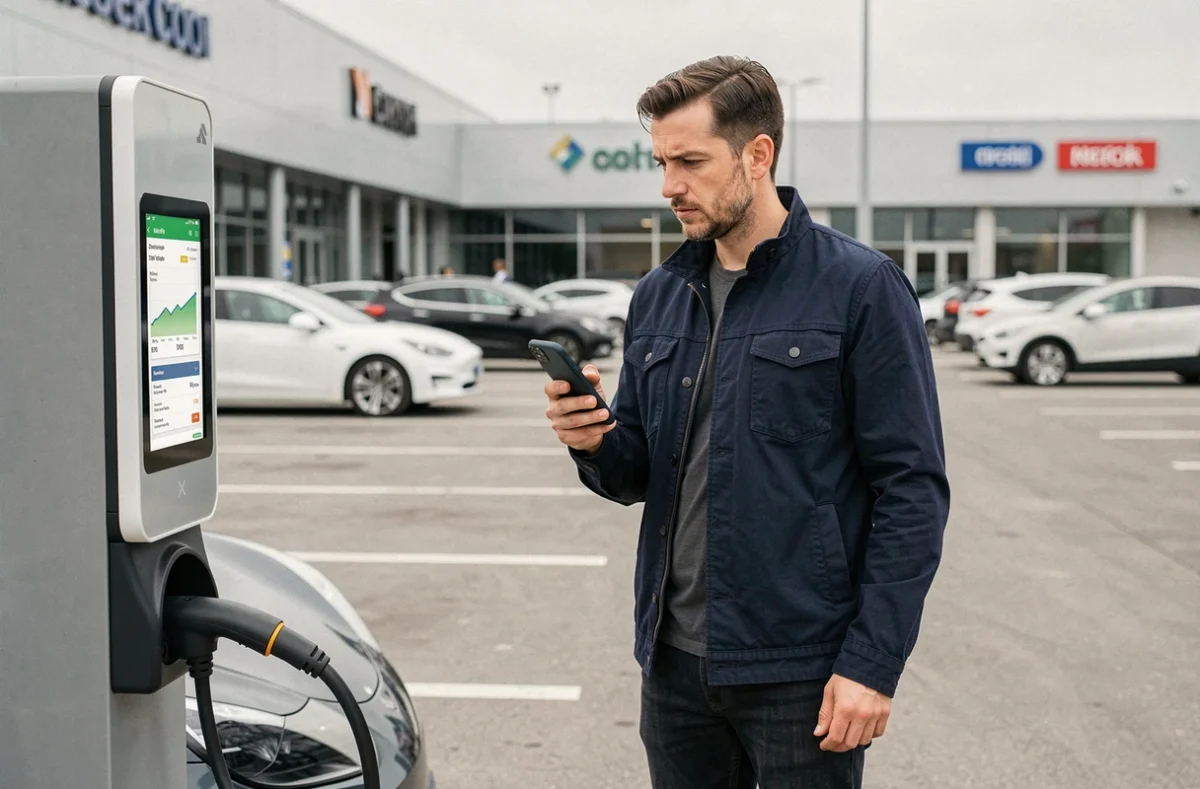 Homme en veste marine comparant les coûts de recharge d'un véhicule électrique sur smartphone dans un parking moderne