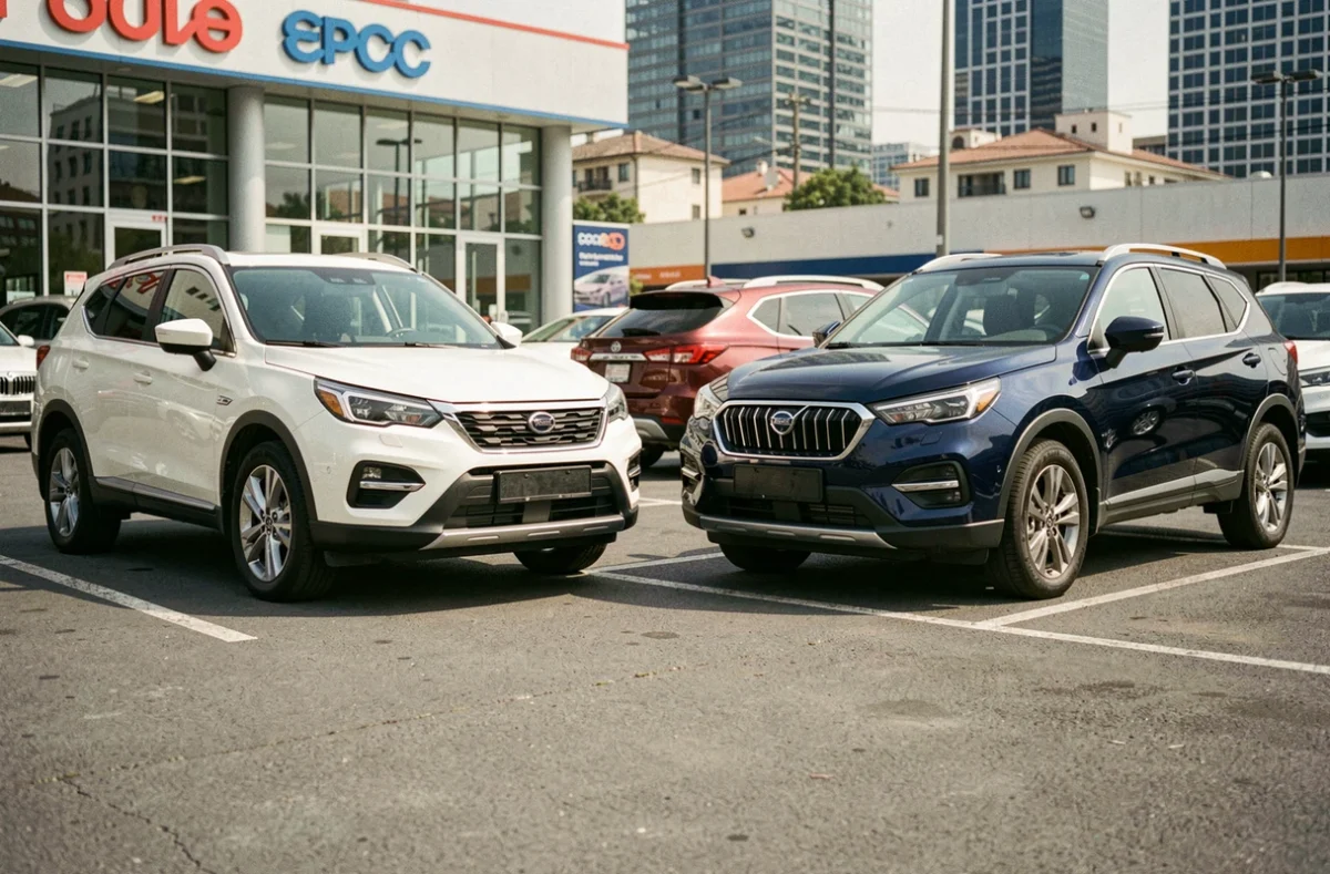 Deux SUV similaires côte à côte dans un parking de concessionnaire automobile, comparaison entre modèles blanc et bleu marine