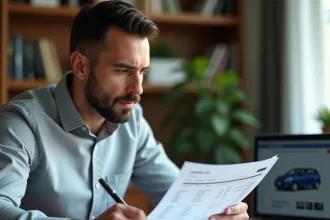 Homme comparant deux fiches techniques de véhicules sur un bureau en bois, erreurs courantes de comparaison automobile